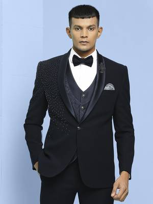 Navy blue japanese fabric suit with cutdana and boota embroidery 1
