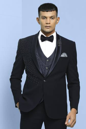 Navy blue japanese fabric suit with cutdana and boota embroidery