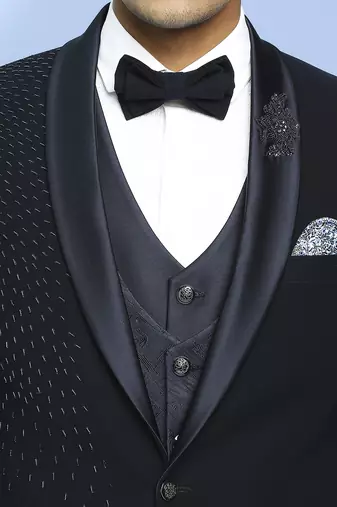 Navy blue japanese fabric suit with cutdana and boota embroidery