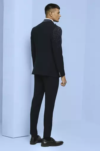 Navy blue japanese fabric suit with cutdana and boota embroidery