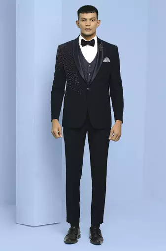 Navy blue japanese fabric suit with cutdana and boota embroidery