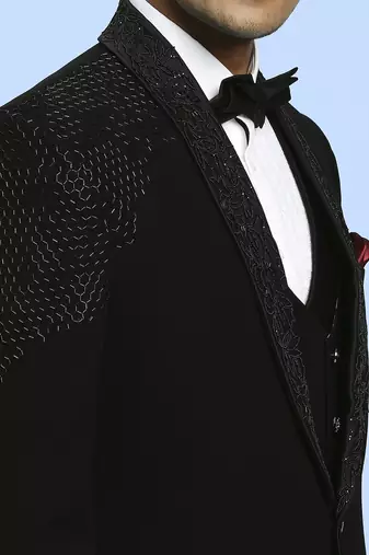 Black japanese fabric suit with cutdana embroidery