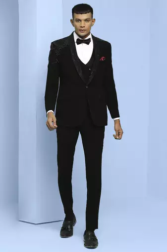 Black japanese fabric suit with cutdana embroidery