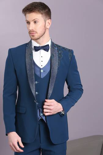 Electric blue japanese fabric suit with cutdana embroidery