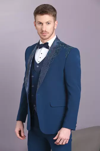 Electric blue japanese fabric suit with cutdana embroidery