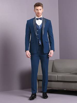 Electric blue japanese fabric suit with cutdana embroidery 3