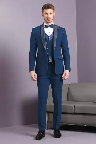 Electric blue japanese fabric suit with cutdana embroidery