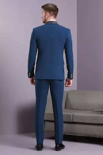 Electric blue japanese fabric suit with cutdana embroidery