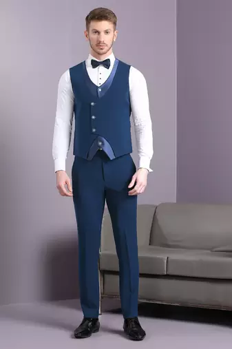 Electric blue japanese fabric suit with cutdana embroidery