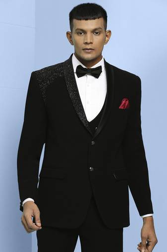 Black japanese fabric suit with cutdana embroidery