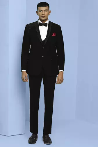 Black japanese fabric suit with cutdana embroidery