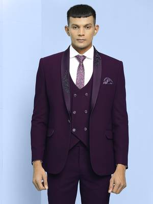 Wine suit with boota embroidery on lapels 1