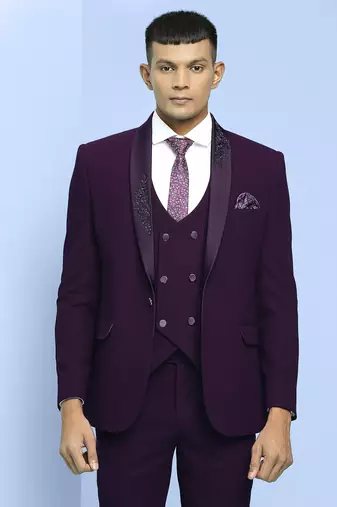 Wine suit with boota embroidery on lapels