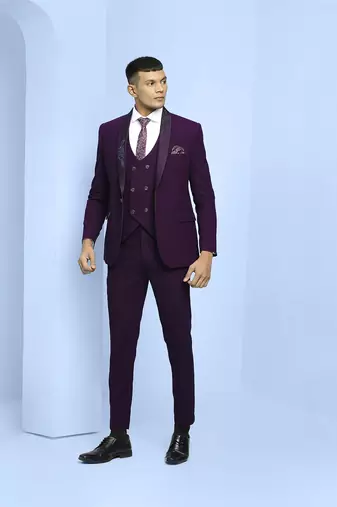 Wine suit with boota embroidery on lapels