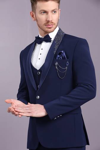 Navy blue japanese fabric suit with cutdana embroidery