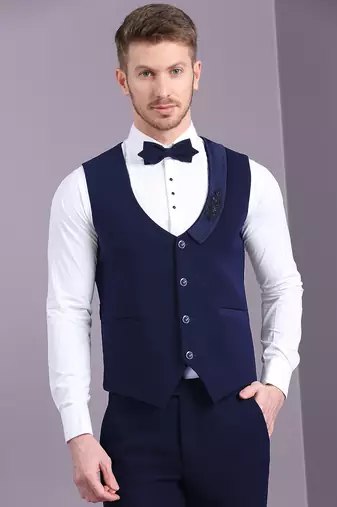 Navy blue japanese fabric suit with cutdana embroidery