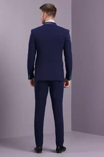 Navy blue japanese fabric suit with cutdana embroidery