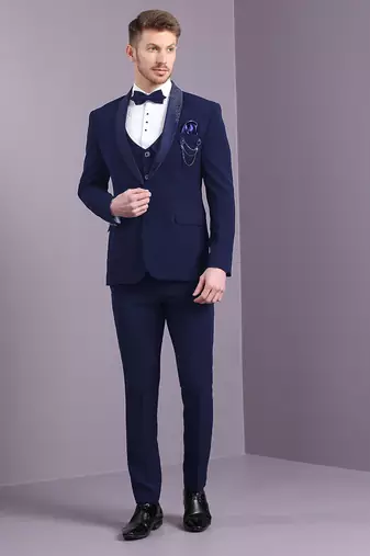 Navy blue japanese fabric suit with cutdana embroidery