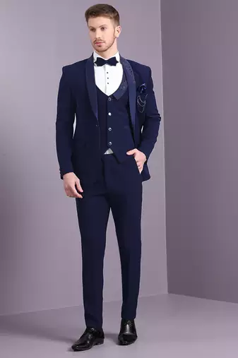 Navy blue japanese fabric suit with cutdana embroidery