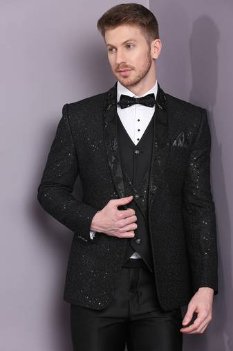 Black netted sequins work suit with cutdana embroidery