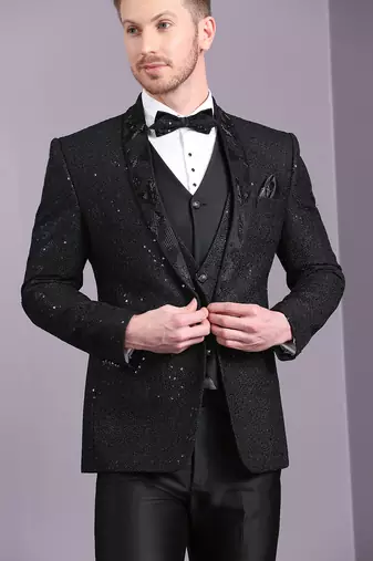 Black netted sequins work suit with cutdana embroidery