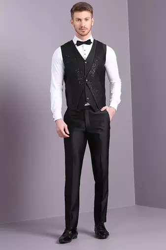 Black netted sequins work suit with cutdana embroidery