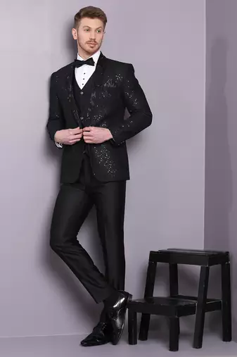 Black netted sequins work suit with cutdana embroidery