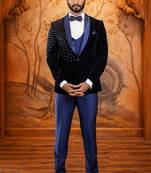 Navy blue velvet tuxedo with leaf hand embroidery