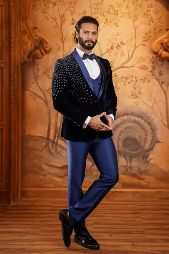 Navy blue velvet tuxedo with leaf hand embroidery