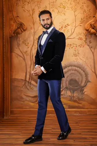 Navy blue velvet tuxedo with leaf hand embroidery