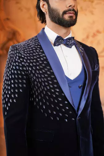 Navy blue velvet tuxedo with leaf hand embroidery