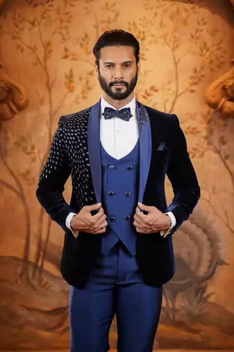 Navy blue velvet tuxedo with leaf hand embroidery