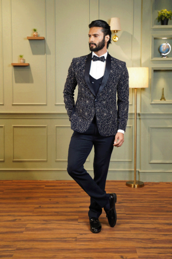 Navy blue suit with golden spider web embroidery