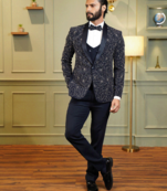 Navy blue suit with golden spider web embroidery