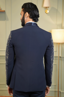 Navy blue suit with golden spider web embroidery 2