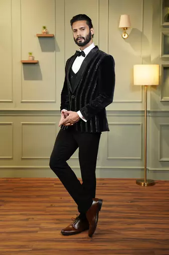 Black velvet embroidered tuxedo
