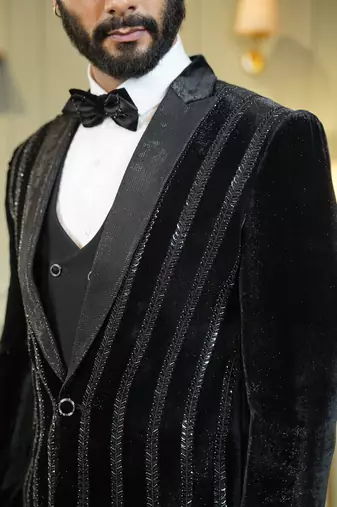 Black velvet embroidered tuxedo