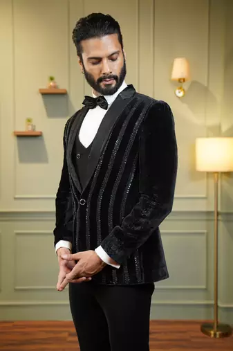 Black velvet embroidered tuxedo