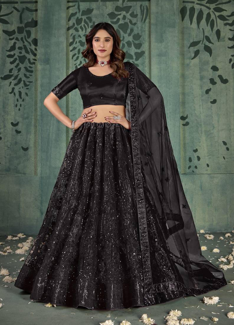 BLACK SEQUINS THREAD EMBROIDERED SOFT NET SEMI STITCHED LEHENGA CHOLI