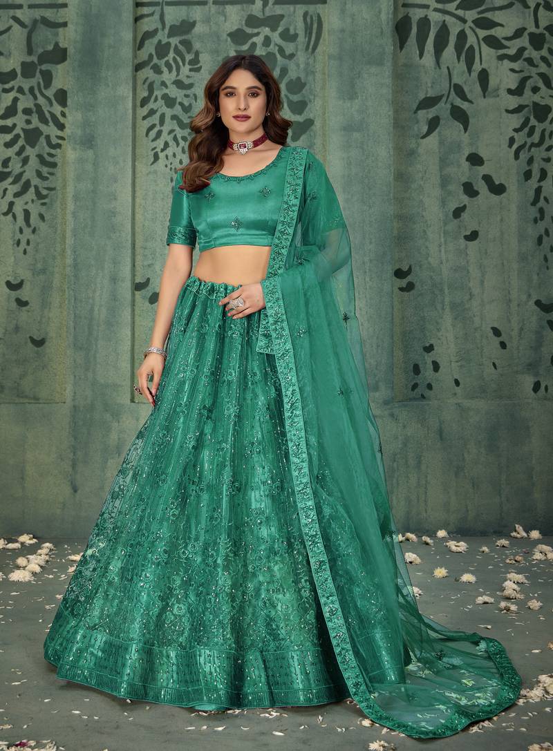 LIGHT GREEN SEQUINS THREAD EMBROIDERED SOFT NET SEMI STITCHED LEHENGA CHOLI