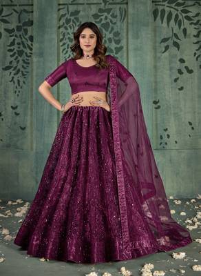 WINE SEQUINS THREAD EMBROIDERED SOFT NET SEMI STITCHED LEHENGA CHOLI 6