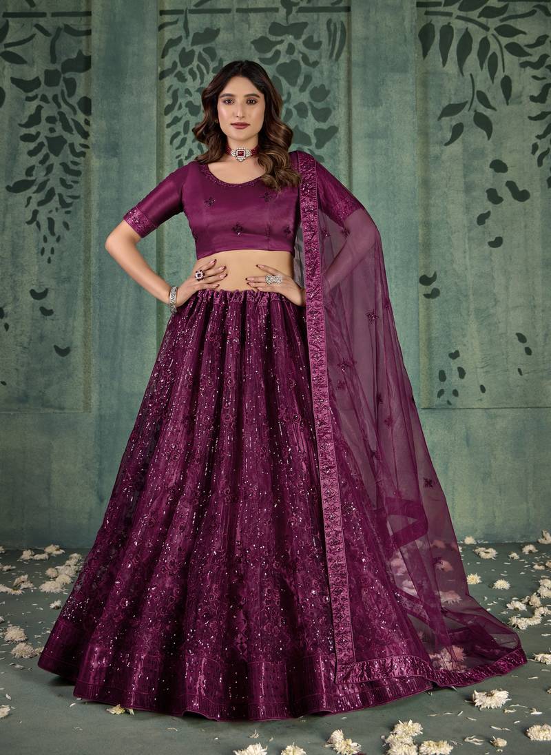 WINE SEQUINS THREAD EMBROIDERED SOFT NET SEMI STITCHED LEHENGA CHOLI