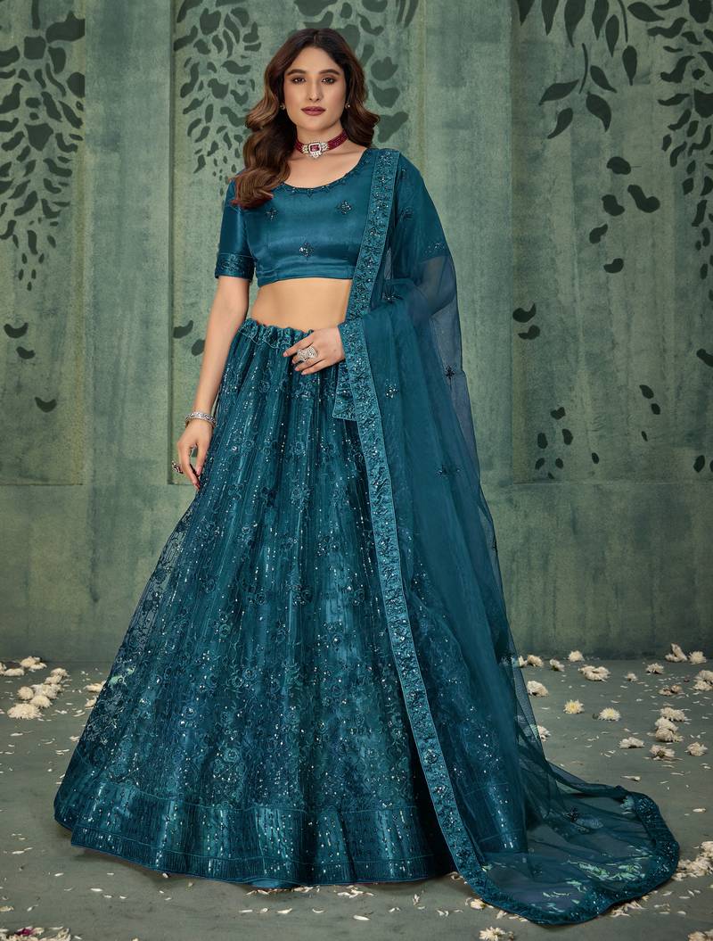 TURQUOISE SEQUINS THREAD EMBROIDERED SOFT NET SEMI STITCHED LEHENGA CHOLI