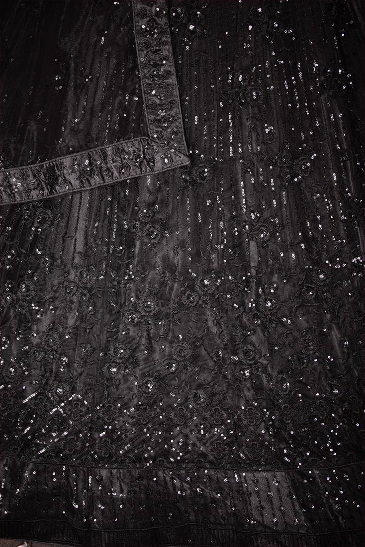 BLACK SEQUINS THREAD EMBROIDERED SOFT NET SEMI STITCHED LEHENGA CHOLI