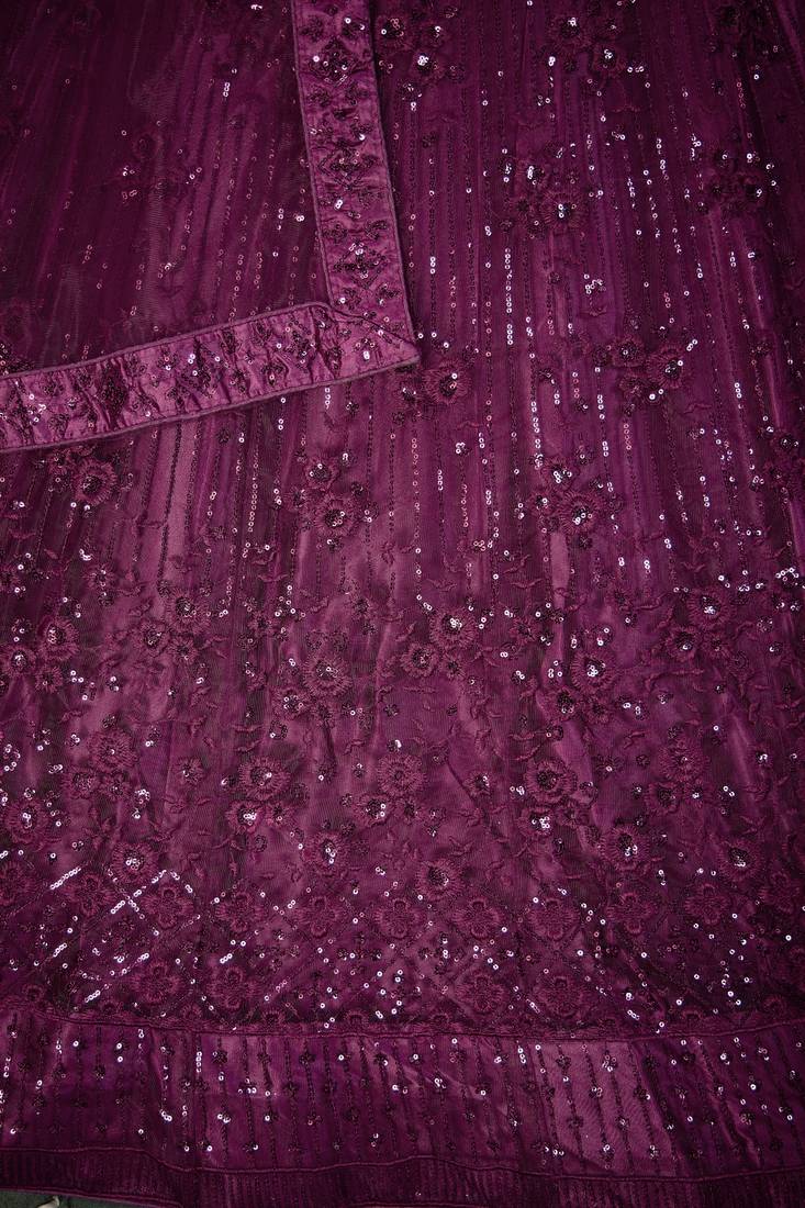 WINE SEQUINS THREAD EMBROIDERED SOFT NET SEMI STITCHED LEHENGA CHOLI