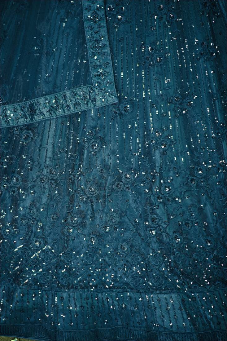 TURQUOISE SEQUINS THREAD EMBROIDERED SOFT NET SEMI STITCHED LEHENGA CHOLI