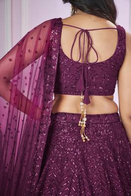 PURPLE SEQUINS THREAD BADLA ZARI EMBROIDERED SOFT NET SEMI STITCHED LEHENGA CHOLI 7