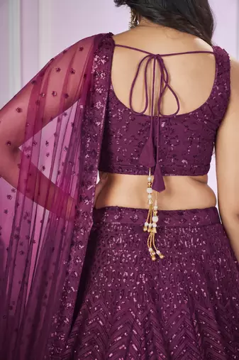 PURPLE SEQUINS THREAD BADLA ZARI EMBROIDERED SOFT NET SEMI STITCHED LEHENGA CHOLI