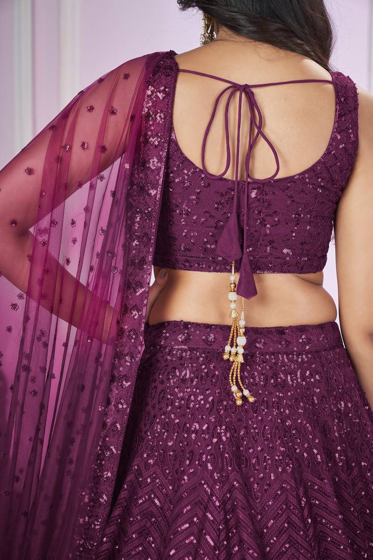 PURPLE SEQUINS THREAD BADLA ZARI EMBROIDERED SOFT NET SEMI STITCHED LEHENGA CHOLI