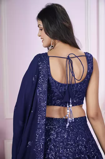 BLUE SEQUINS THREAD EMBROIDERED GEORGETTe SEMI STITCHED LEHENGA CHOLI